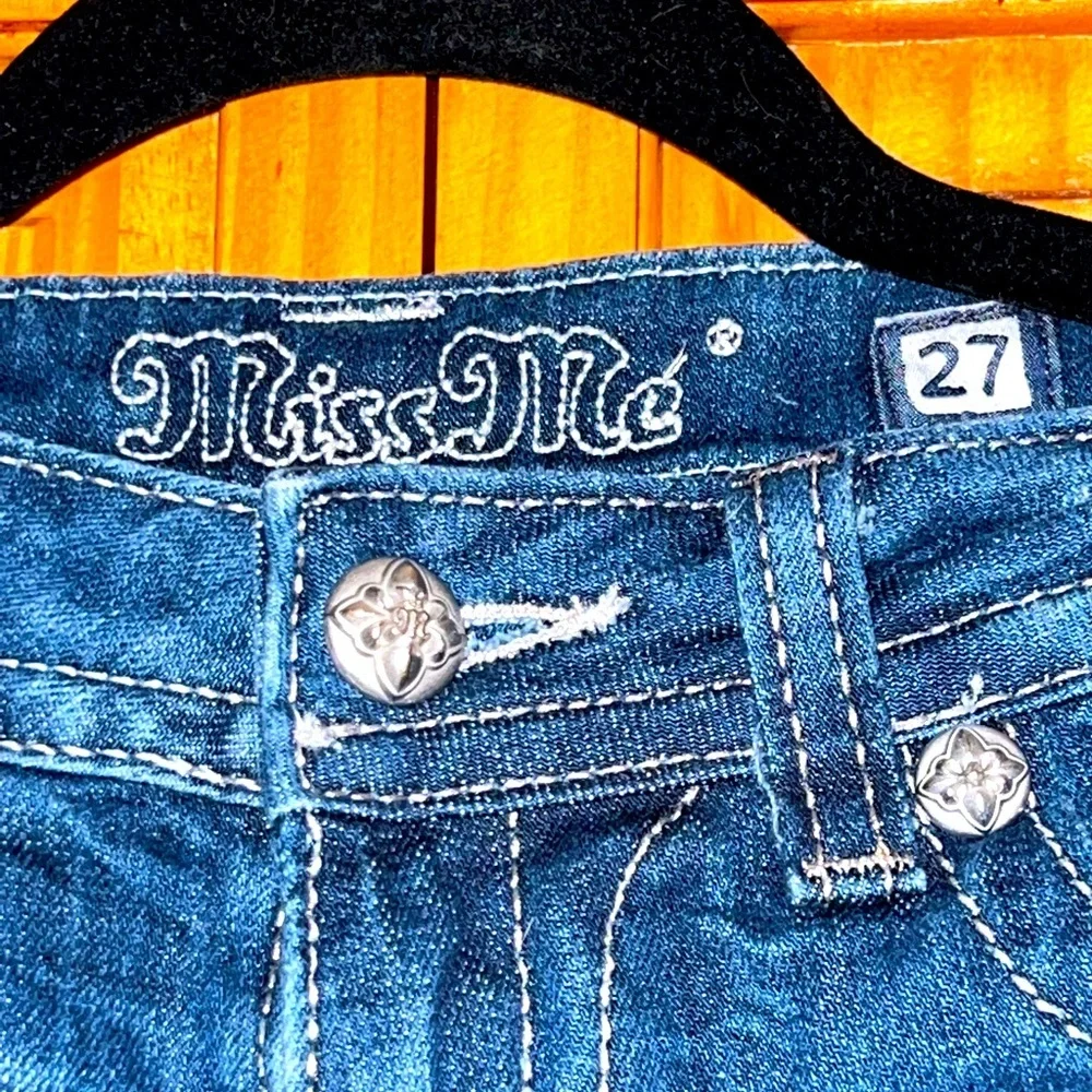 Miss Me Medium Long Denim Shorts with Canvas and Rhinestones Size 27 NWOT